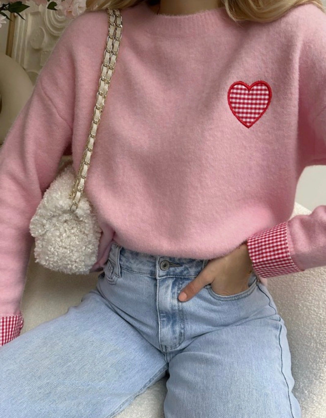 Alissa Plaid Heart Crew Neck Sweater