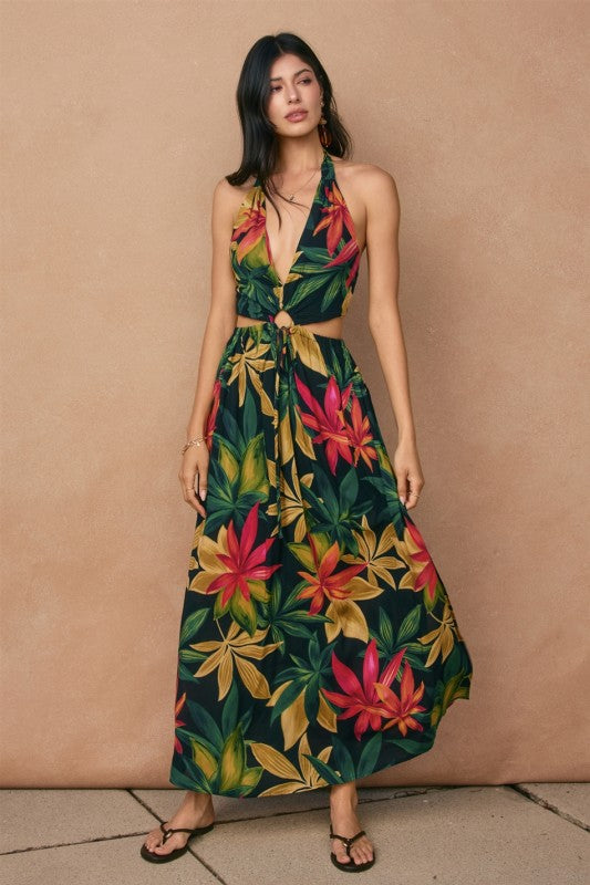 Rachel Tropical Halter Neck Maxi Dress