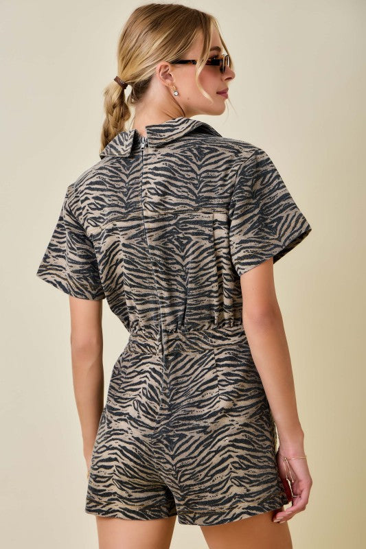 Melinda Tiger Print Denim Romper
